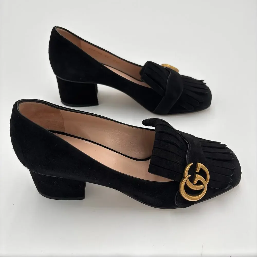 Gucci Marmont GG Fringe Kiltie Block Mid Heel Loafer Pumps Black Suede Size 37 - Picture 9 of 15